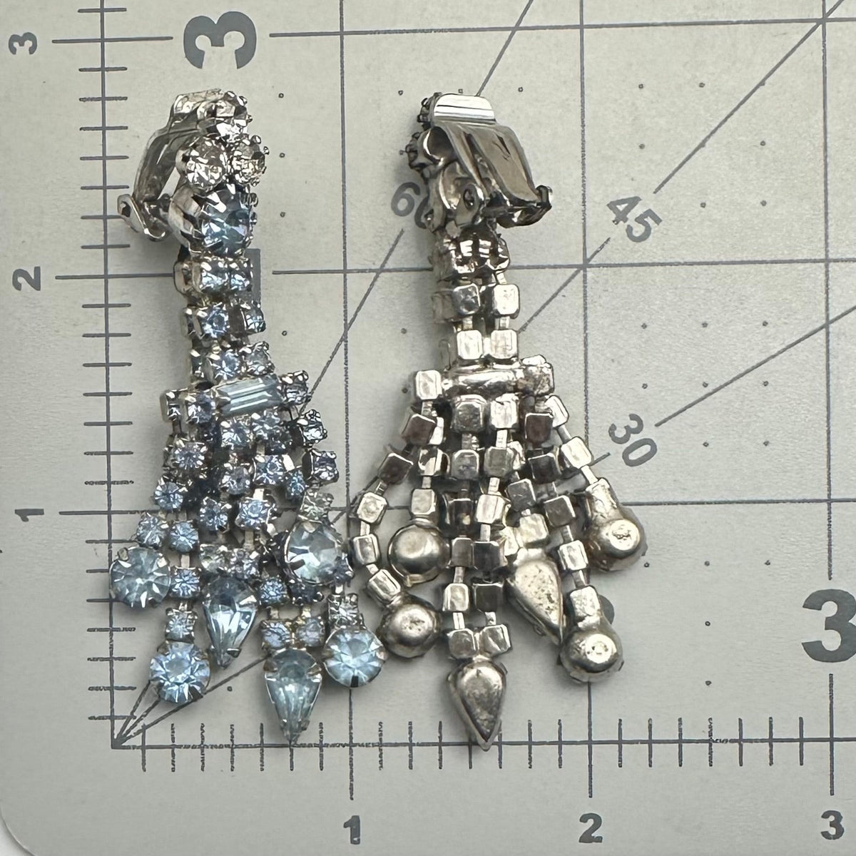 Vintage silver tone light blue clear rhinestones drop fringe clip on earrings