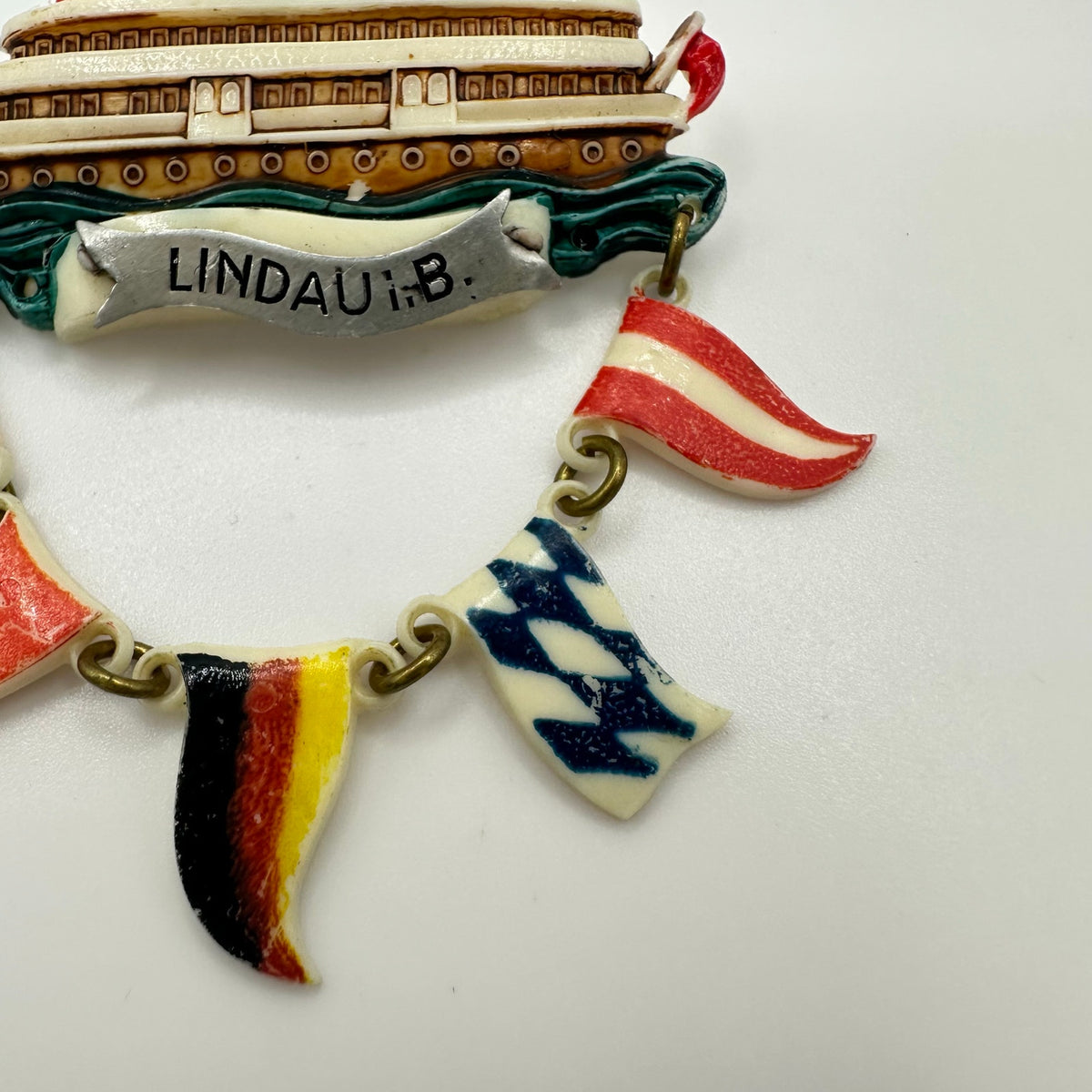 Lindau Germany 1940s retro hand painted celluloid souvenir ship flags brooch