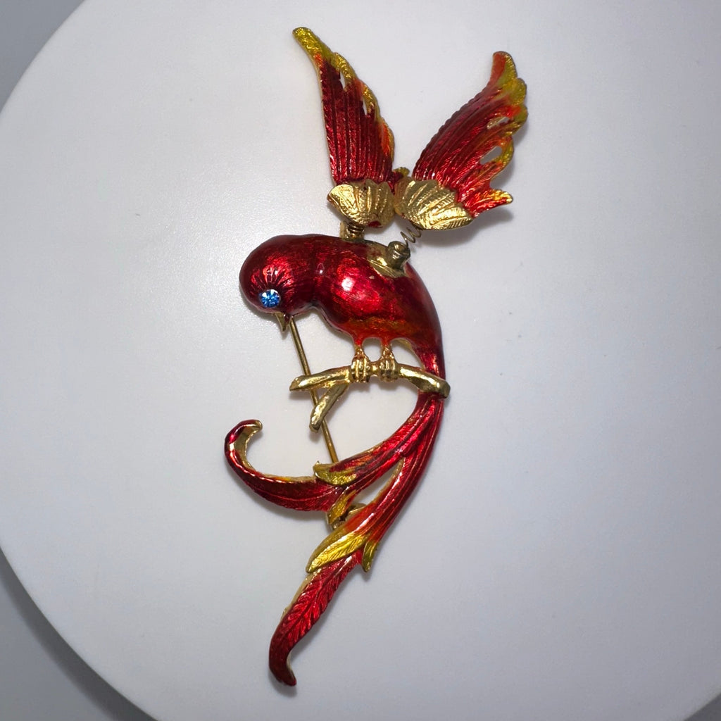 Vintage gold tone trembler en tremblant red enamel phoenix bird brooch