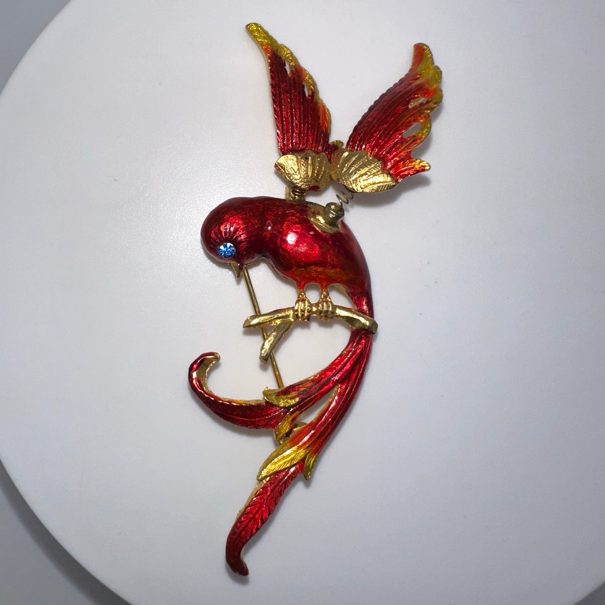 Vintage gold tone trembler en tremblant red enamel phoenix bird brooch