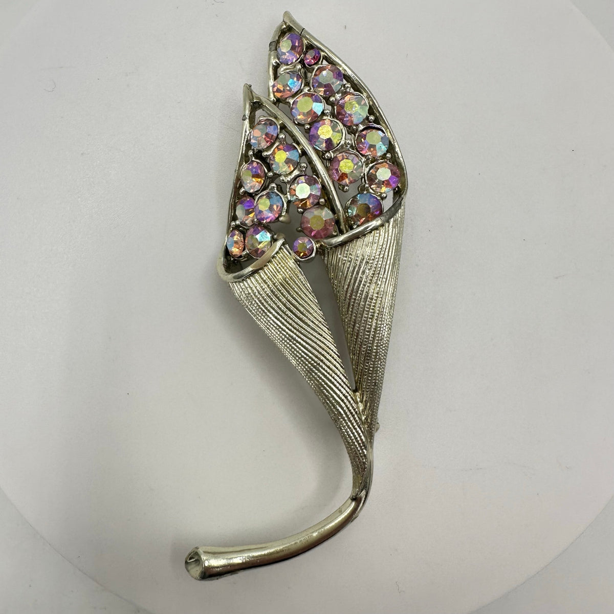 Coro Pegasus vintage gold tone pink aurora borealis AB rhinestones flower brooch