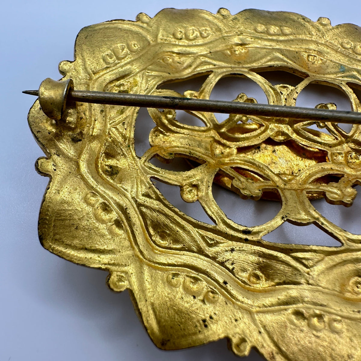 Antique 1900s Arts & Crafts gold gilt brass oval sunburst sash pin brooch