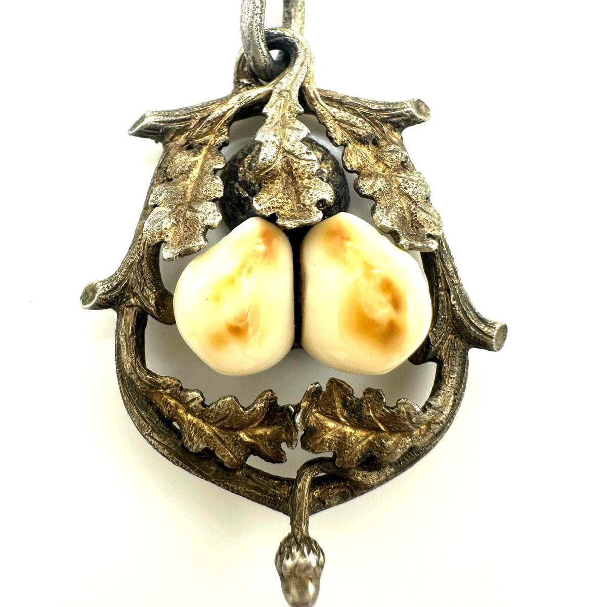Antique Victorian Edwardian 800 silver real deer teeth acorn leaves pendant