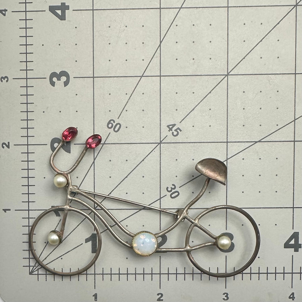 Vintage antique silver tone opalite glass red rhinestones bicycle bike brooch