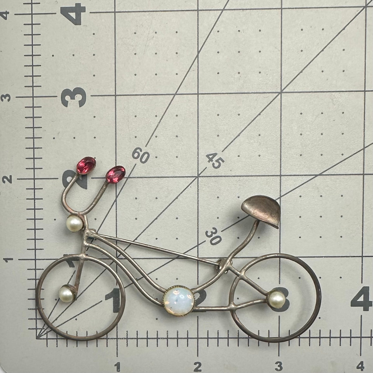 Vintage antique silver tone opalite glass red rhinestones bicycle bike brooch
