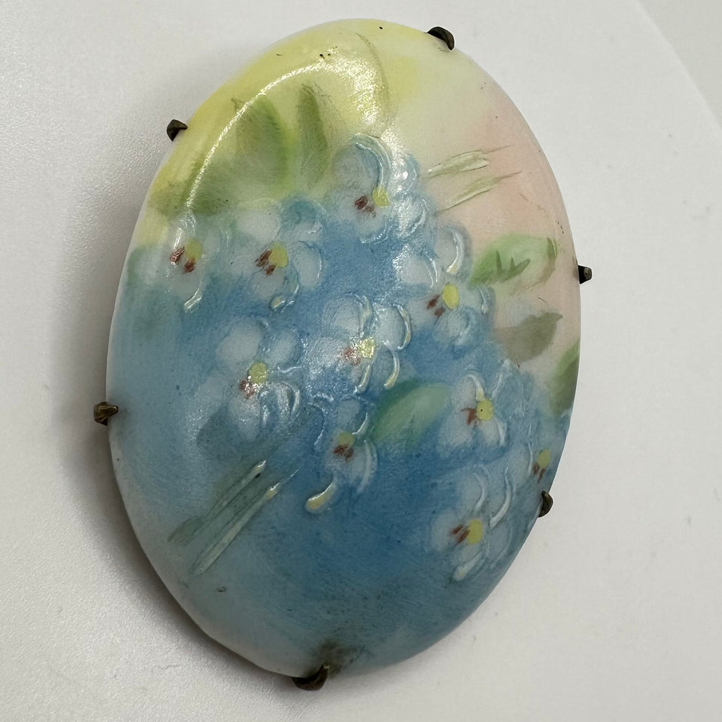 Antique Victorian Edwardian hand painted blue pink green floral brooch pin