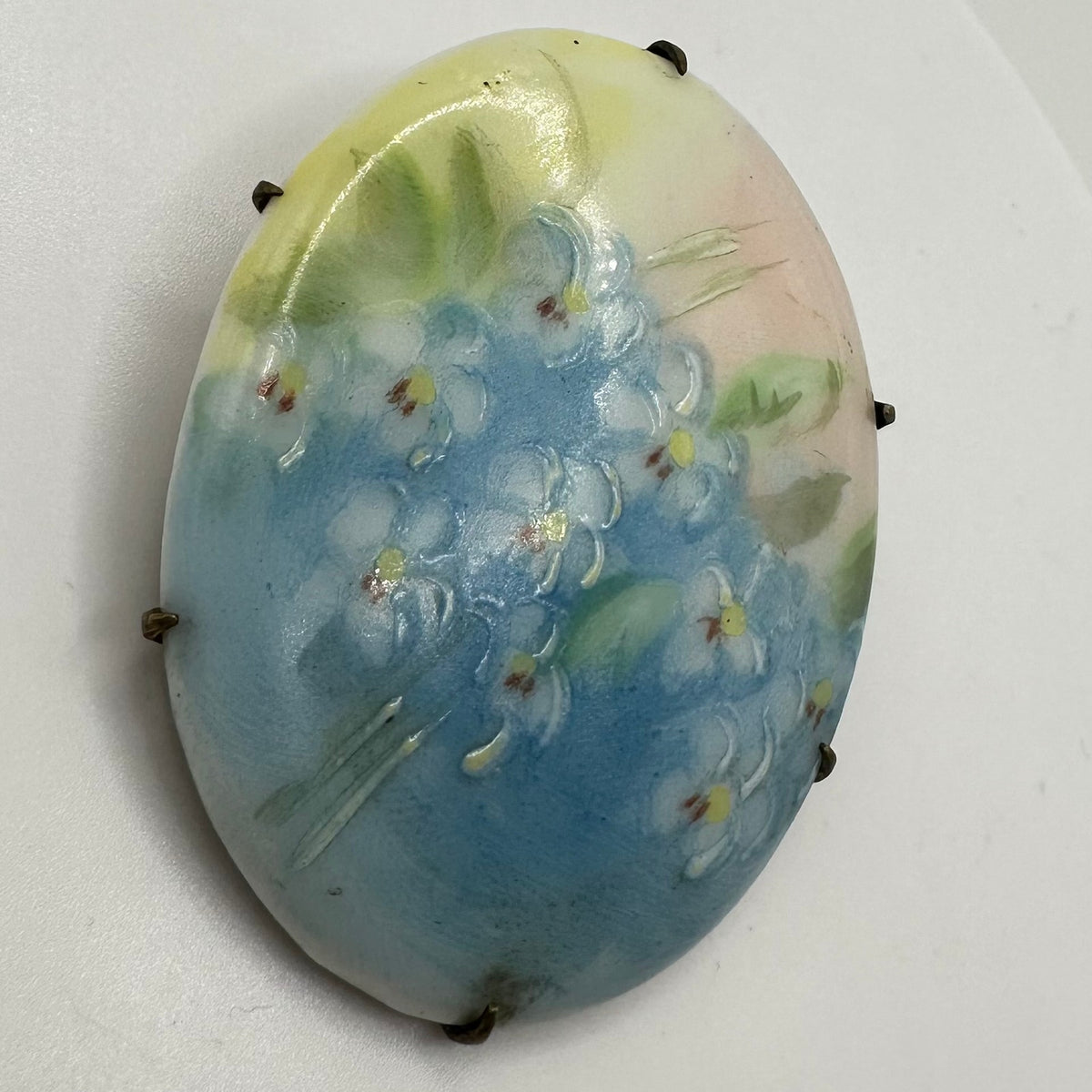 Antique Victorian Edwardian hand painted blue pink green floral brooch pin