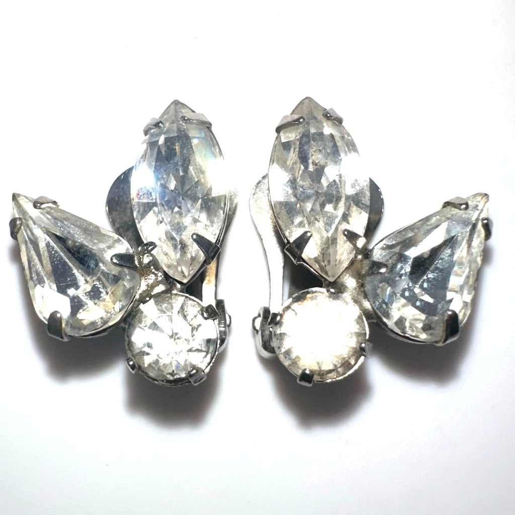 Weiss signed vintage silver tone clear glass rhinestones clip on earrings