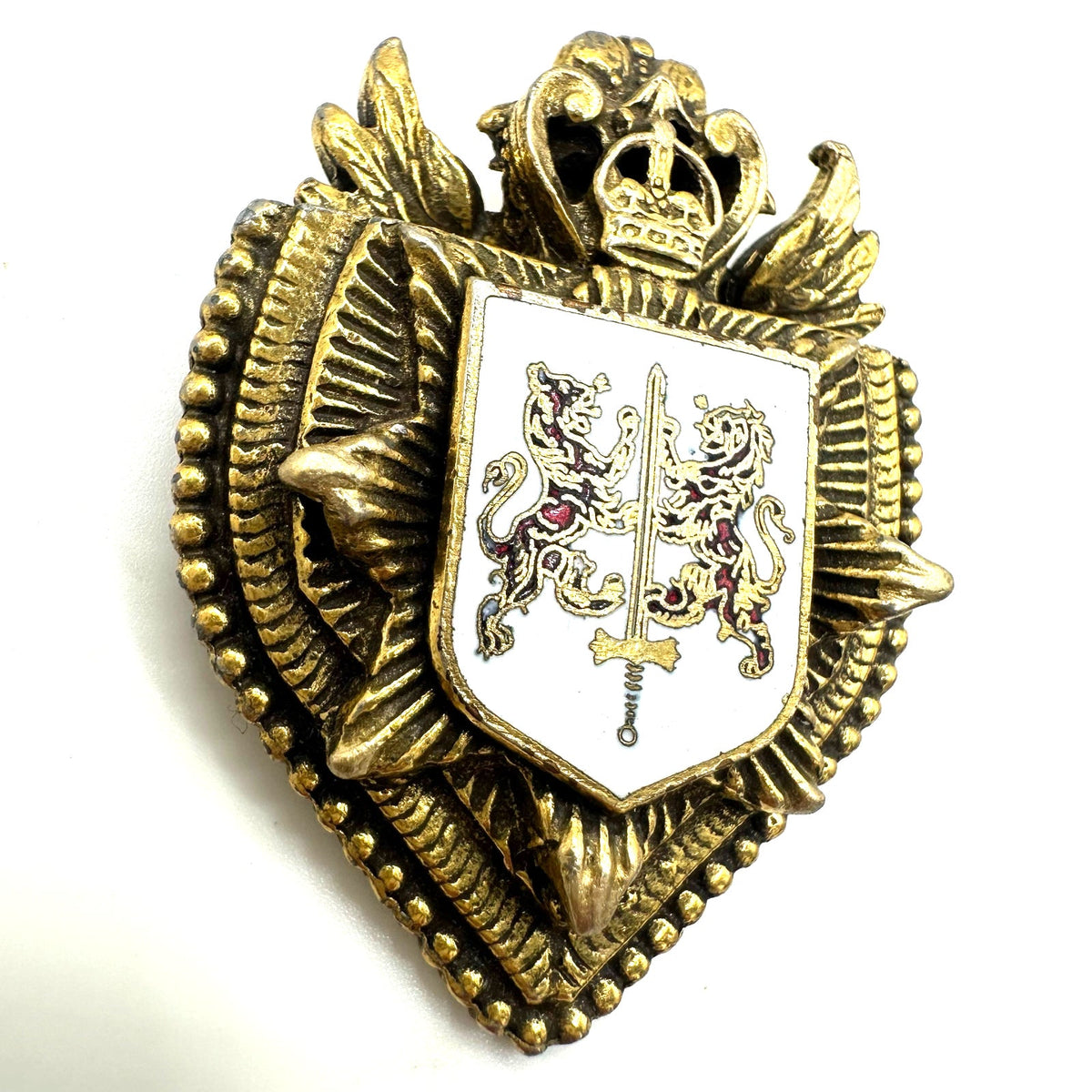 Vintage gold tone Heraldic white red enamel crest shield lion sword crown brooch