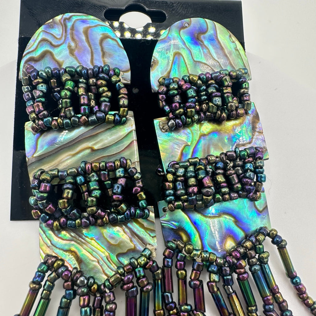 Vintage genuine abalone black luster glass beads beaded post dangle earrings