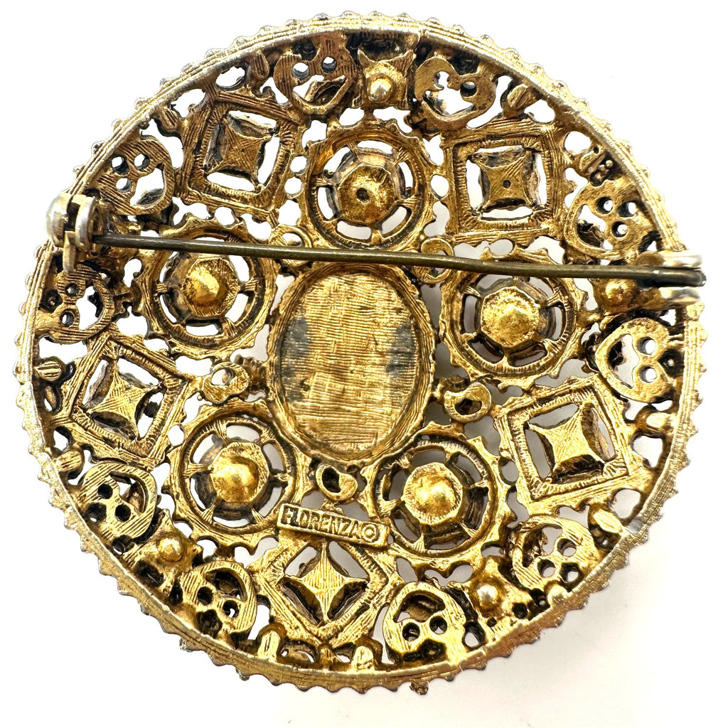 Florenza Victorian Revival gold tone red rhinestones faux turquoise cameo brooch