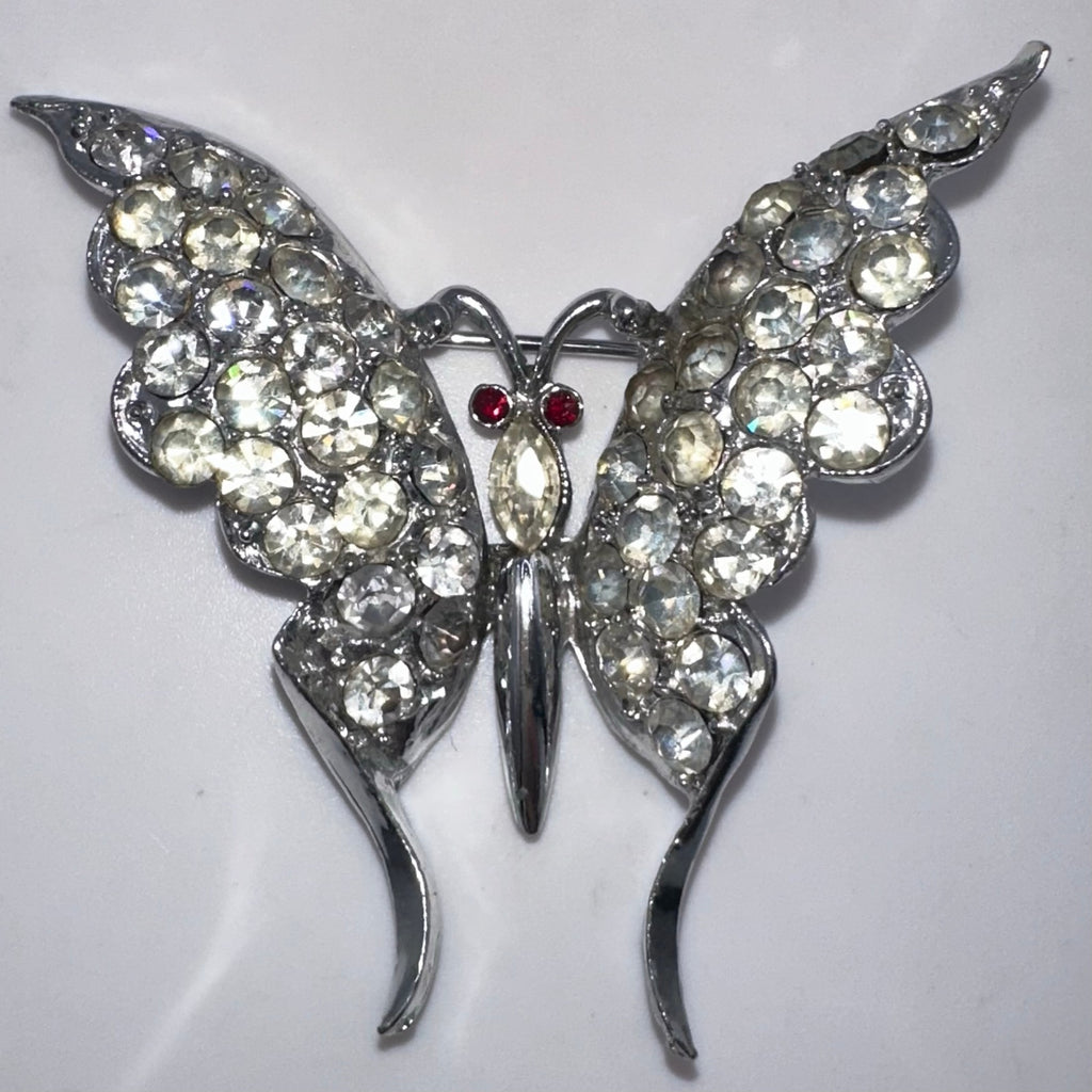 Vintage 1940s silver tone rhodium plated clear red rhinestones butterfly brooch