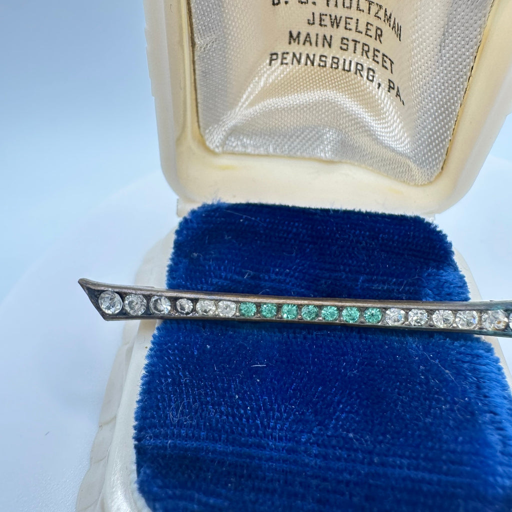 Antique Edwardian Art Deco brass aqua blue glass rhinestones brooch bar pin
