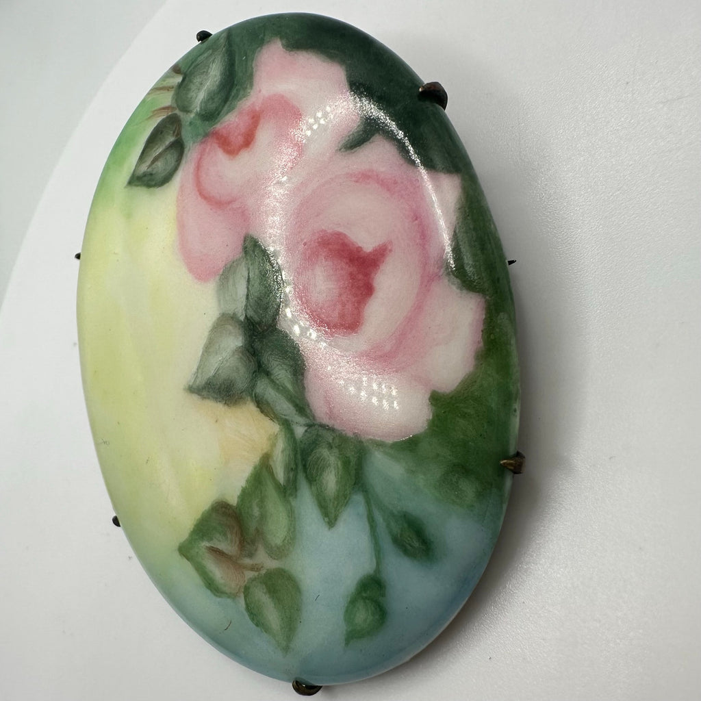 Antique Victorian Edwardian hand painted pink green yellow blue floral brooch
