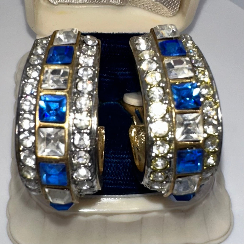 Vintage gold tone blue clear rhinestones hoops statement clip on earrings