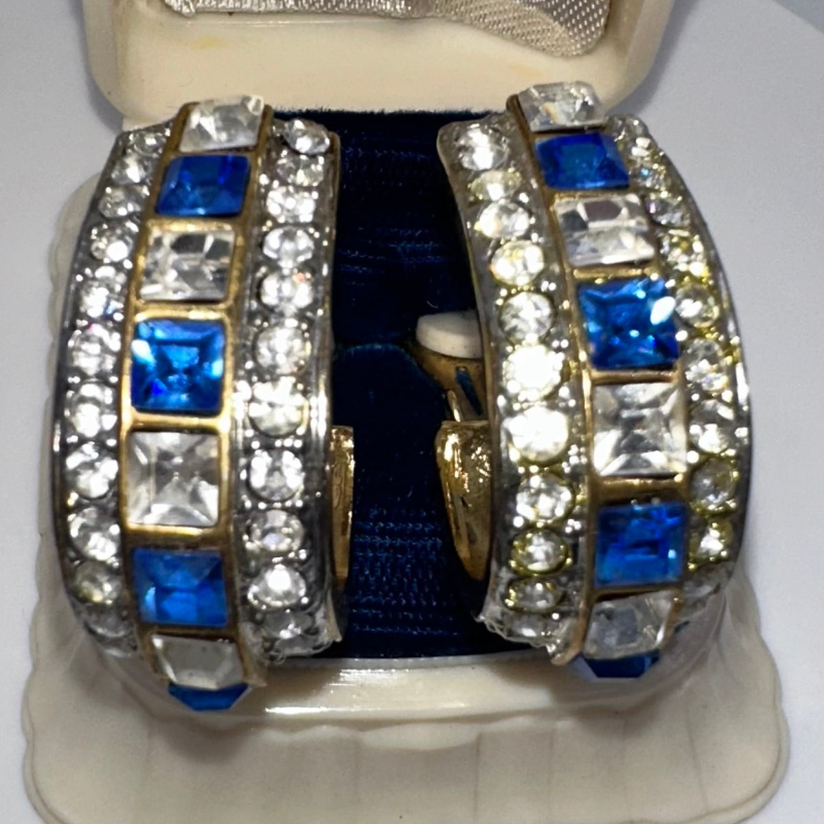 Vintage gold tone blue clear rhinestones hoops statement clip on earrings