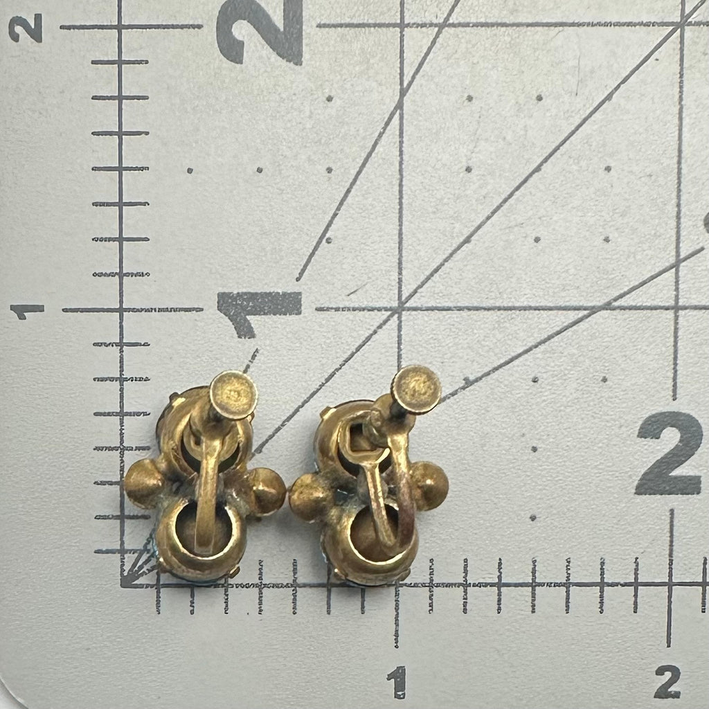 Antique gold tone blue Czech glass clear rhinestones screw back earrings