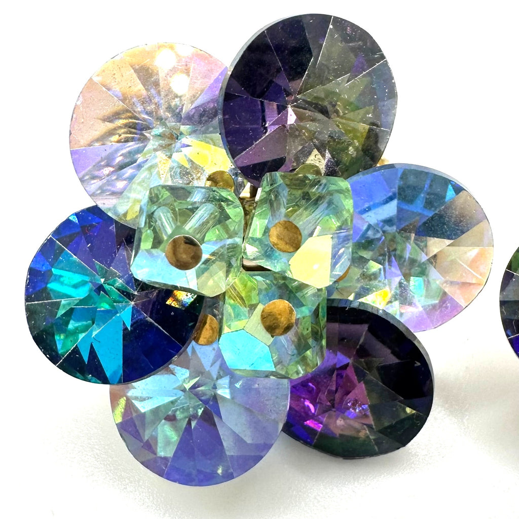 Vendome gold tone AB rivolis green glass beads beaded cluster clip on earrings