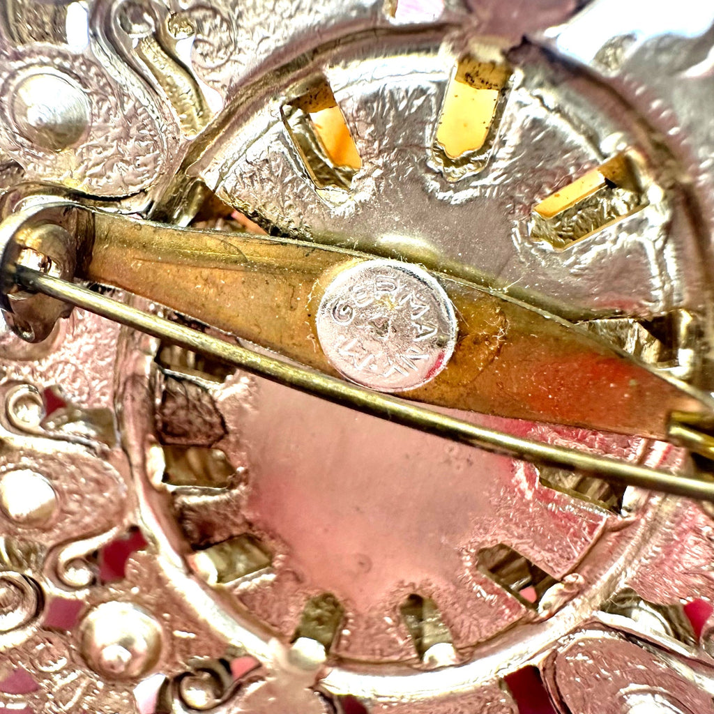 West Germany 1950s gold tone art glass agate cameo rhinestones filigree brooch