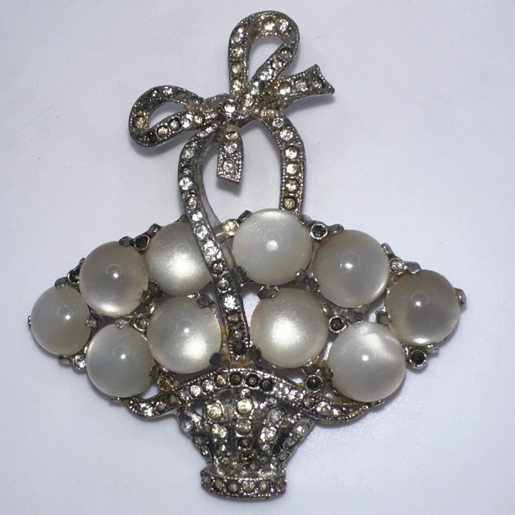 Coro 1941 silver rhodium plated white moonglow lucite rhinestones basket brooch