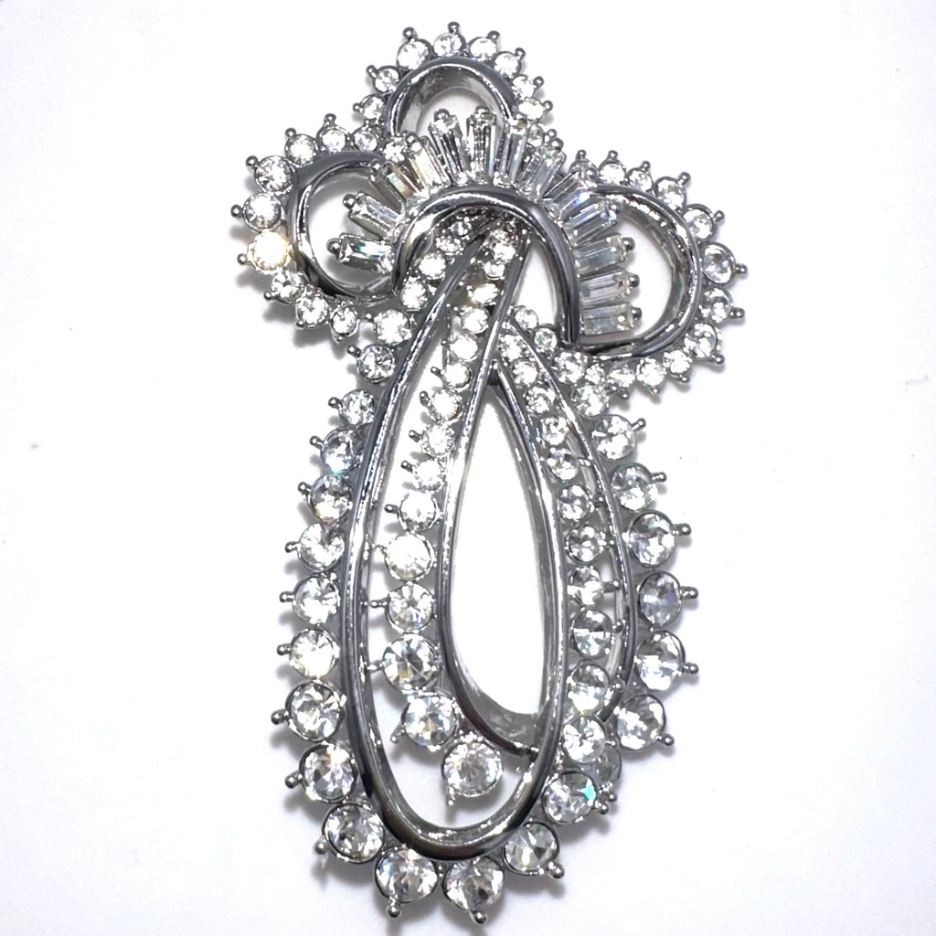 Nolan Miller vintage large silver tone clear baguettes round rhinestones brooch