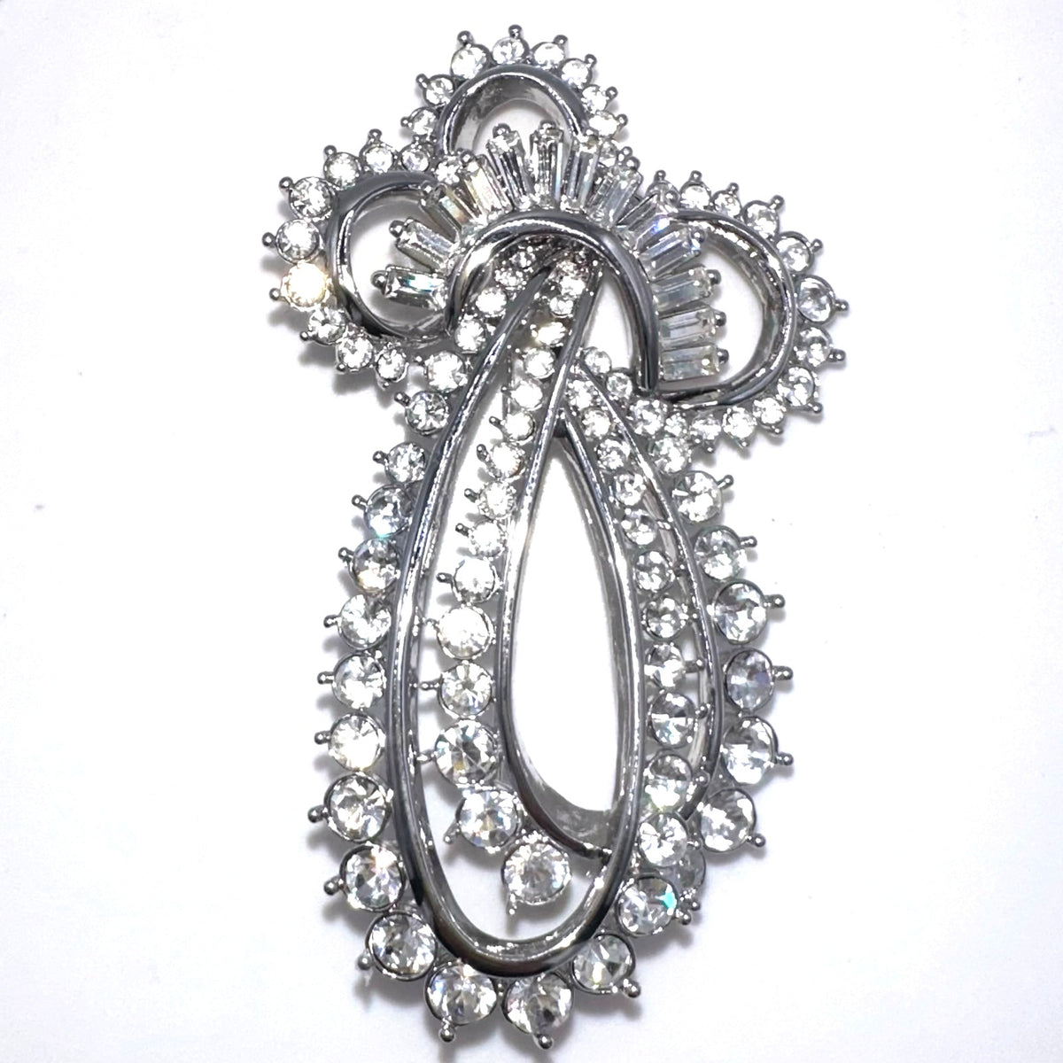 Nolan Miller vintage large silver tone clear baguettes round rhinestones brooch