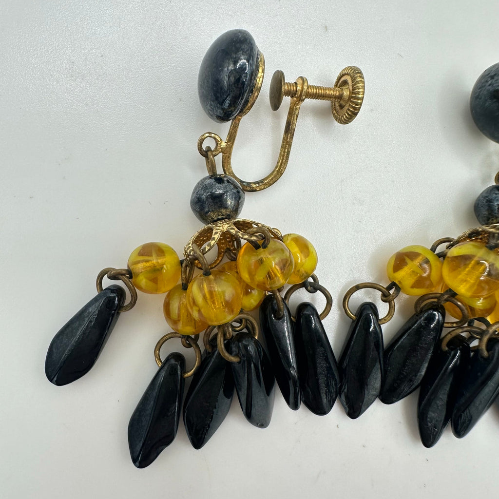 West Germany vintage gold yellow black glass beaded dangle screw back earrings