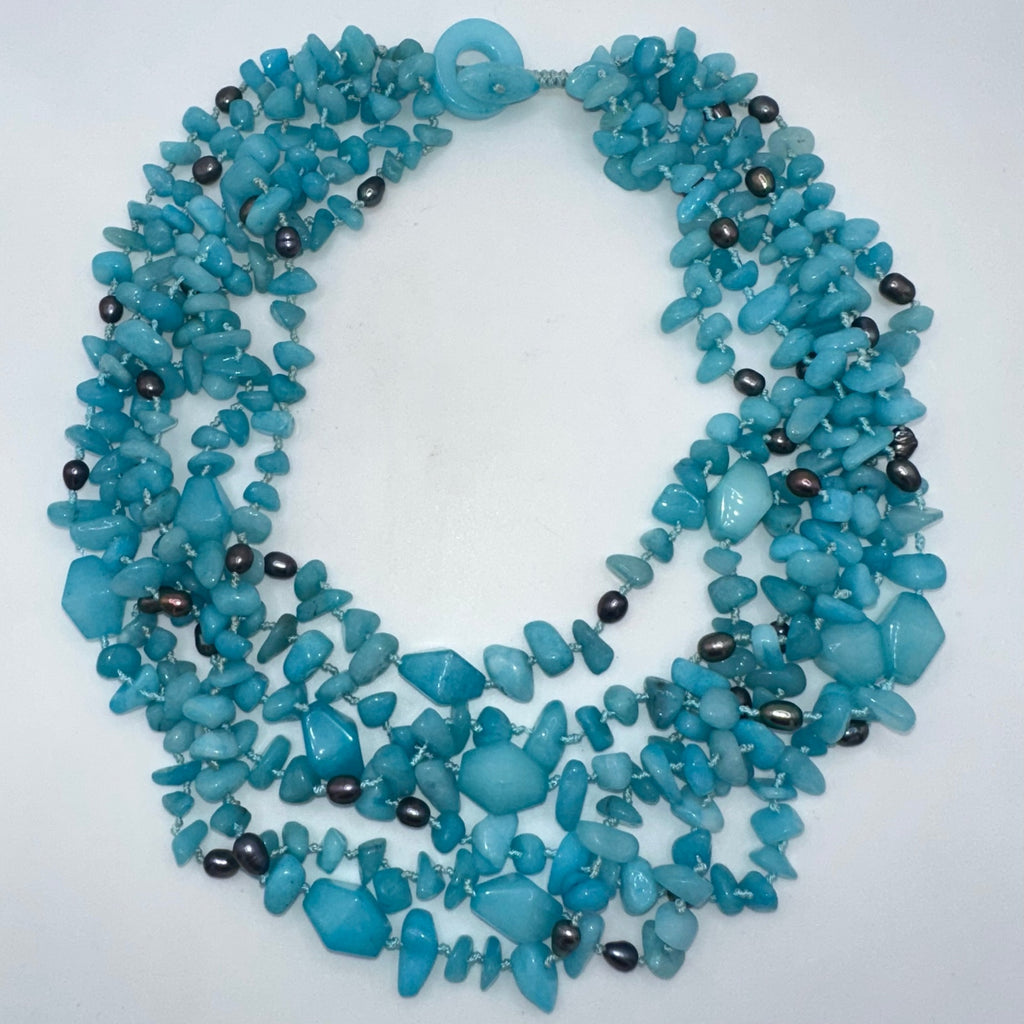 Handmade Caribbean blue quartz freshwater pearls 6 multi strand beaded necklace