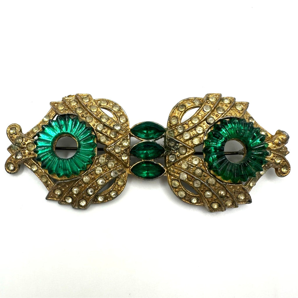 1930s antique Art Deco gold tone pot metal green clear Czech rhinestones brooch