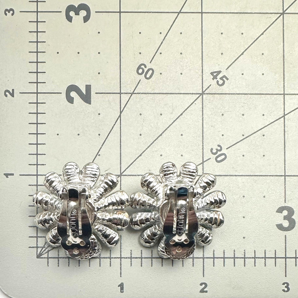 St. John vintage silver tone rhinestones faux black pearl clip on earrings