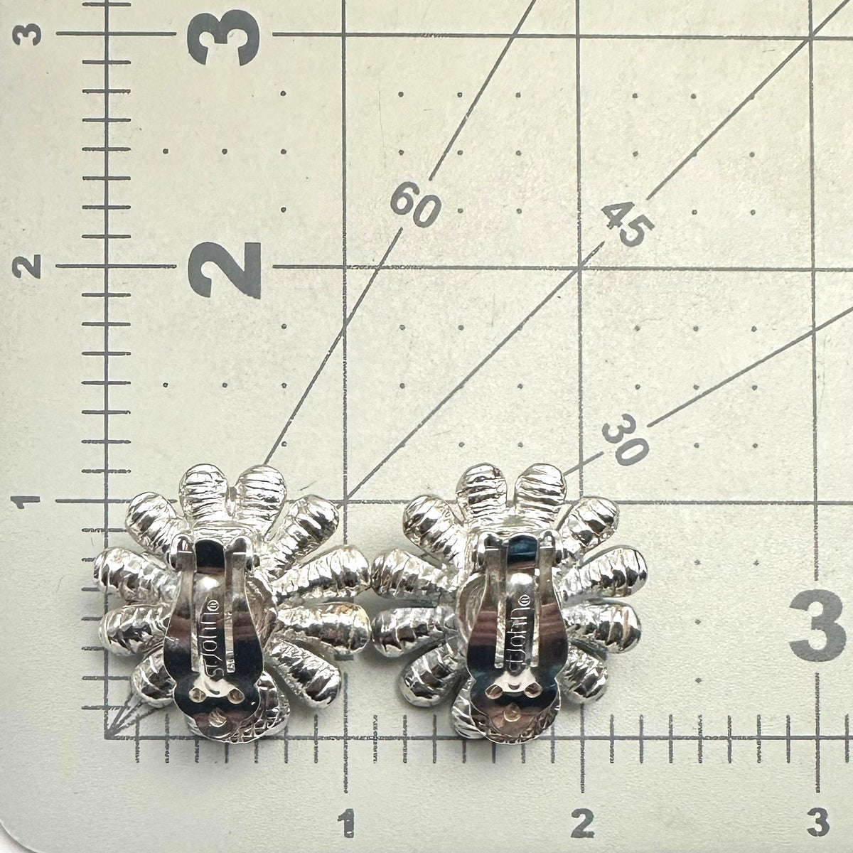 St. John vintage silver tone rhinestones faux black pearl clip on earrings