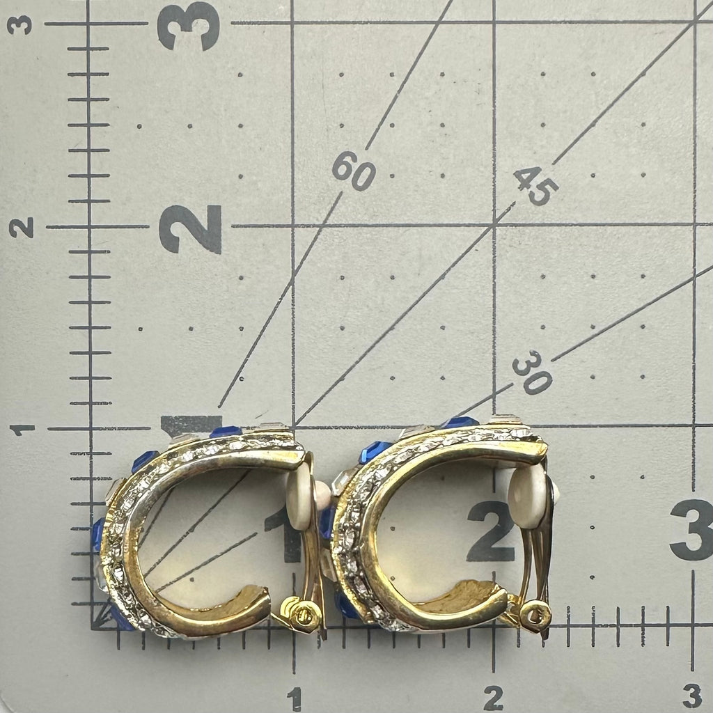 Vintage gold tone blue clear rhinestones hoops statement clip on earrings