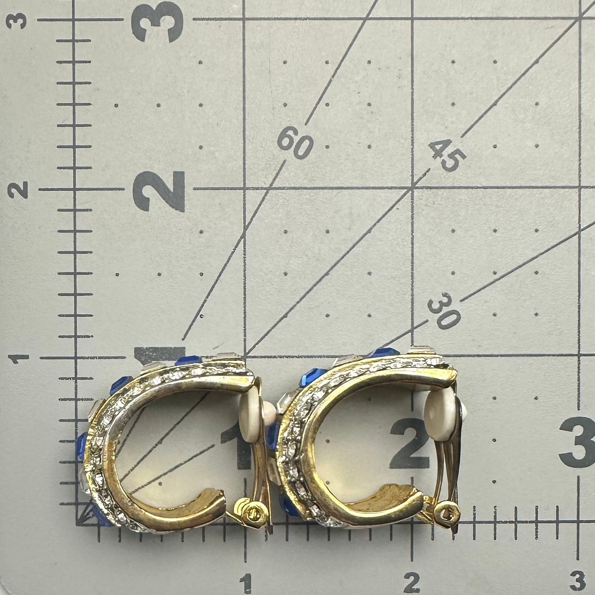 Vintage gold tone blue clear rhinestones hoops statement clip on earrings