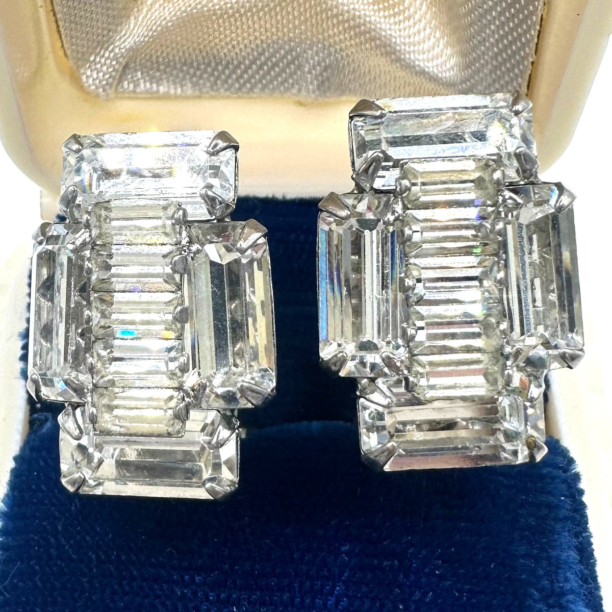 Weiss signed vintage silver tone clear baguettes rhinestones clip on earrings
