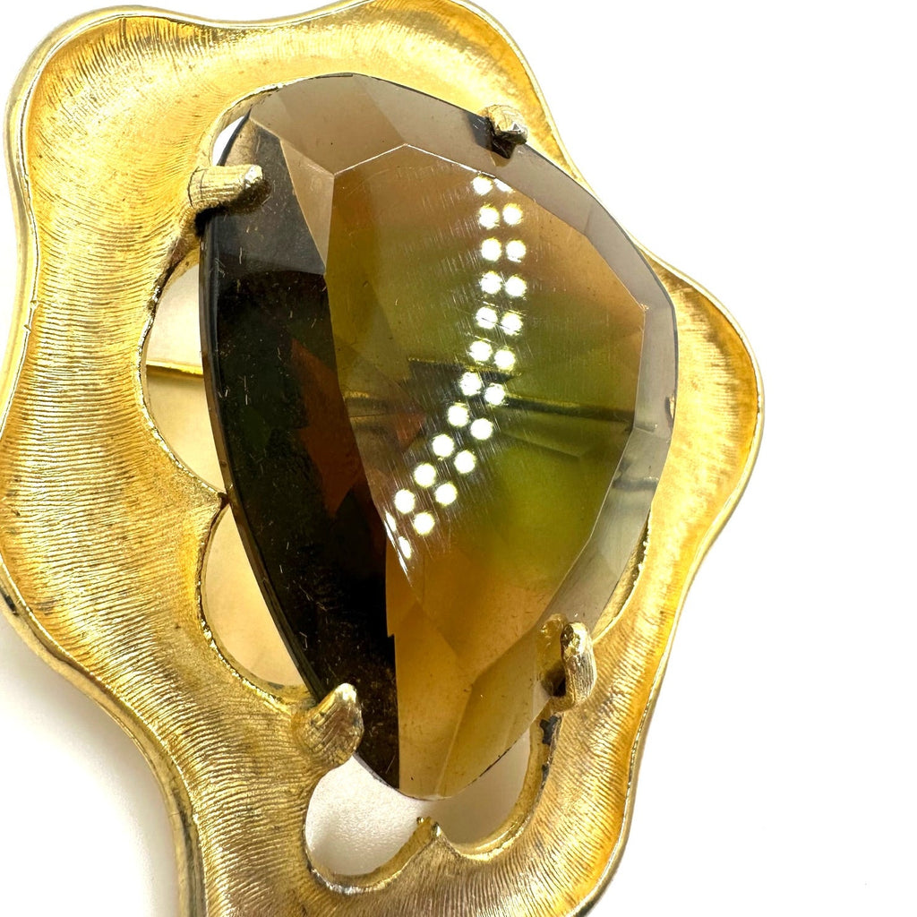 BSK vintage gold tone topaz brown green givré glass massive rhinestone brooch