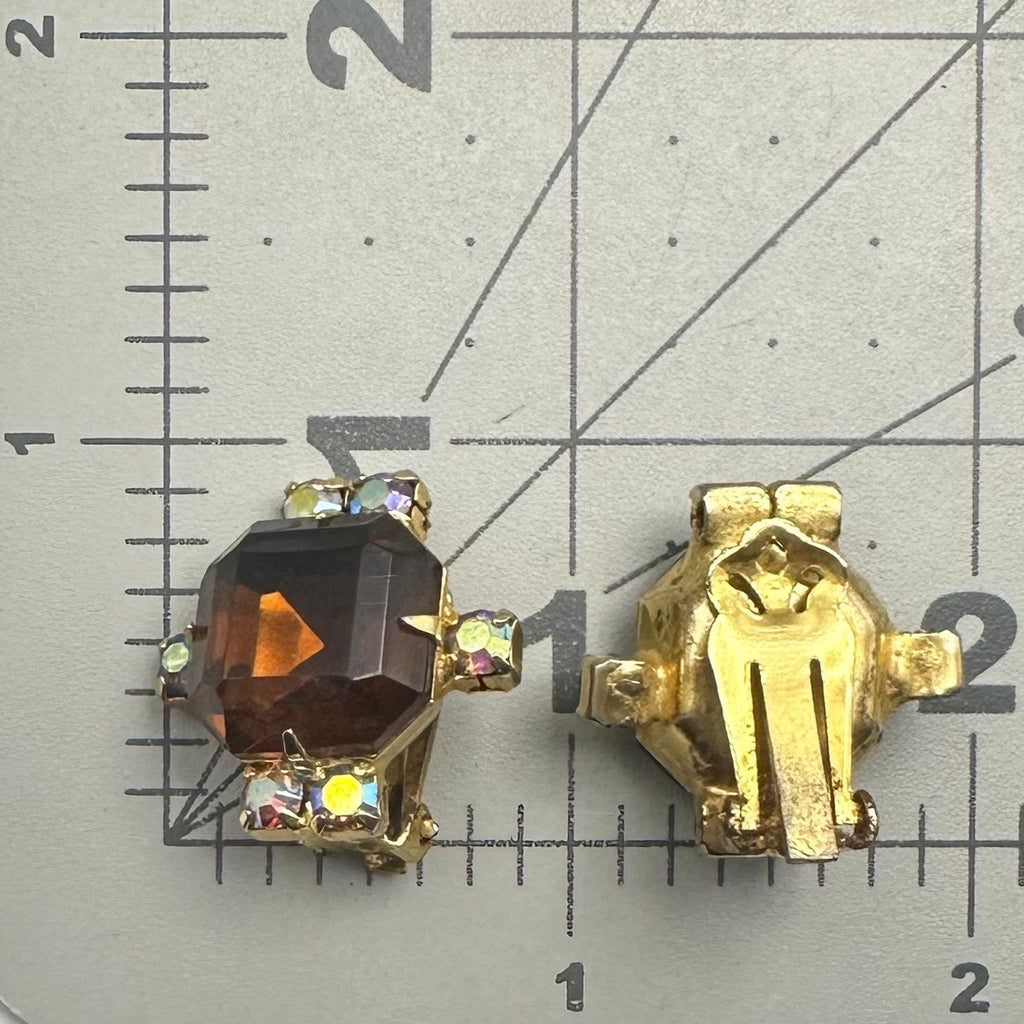 Vintage gold tone amber glass aurora borealis AB rhinestones clip on earrings