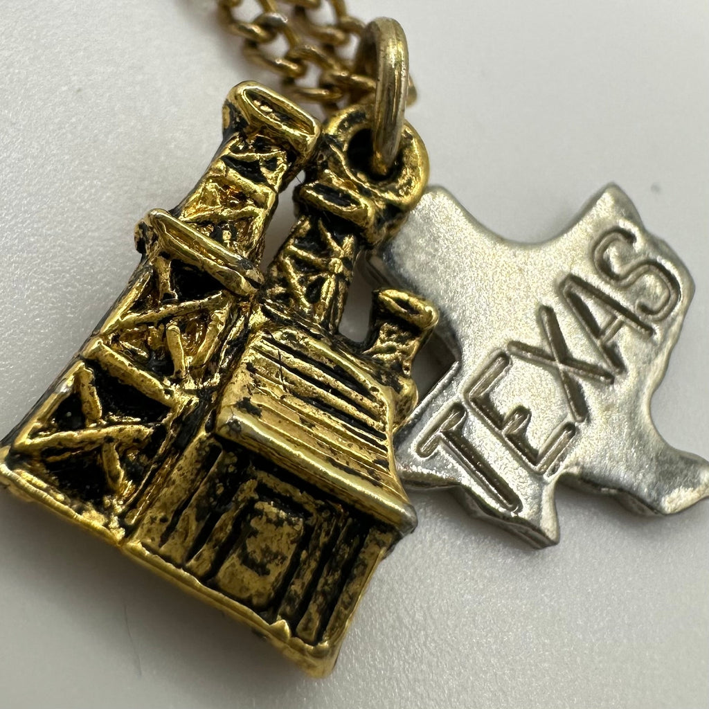 Gold tone nickel silver Texas oil derrick rig pendant charm 16" chain necklace