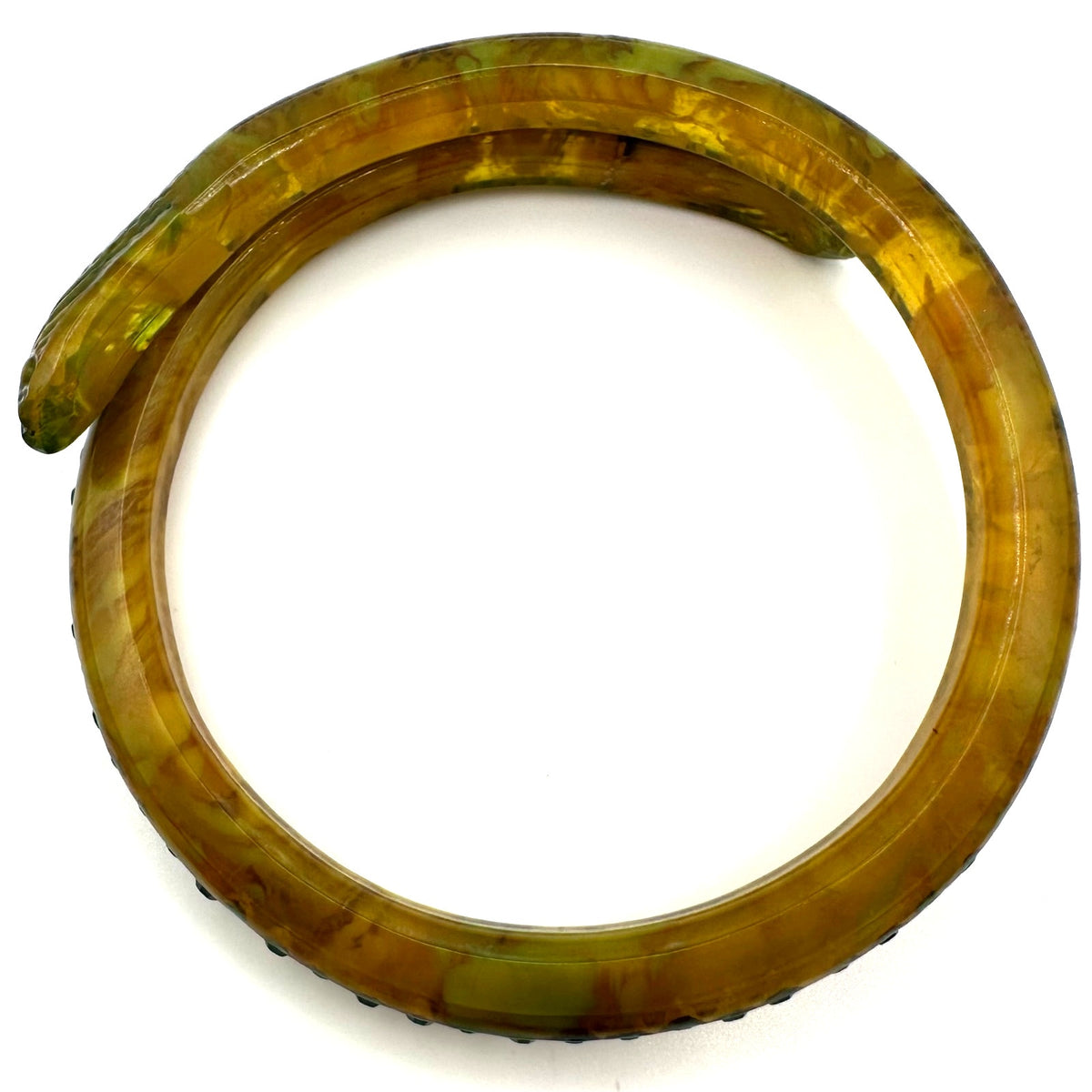 Antique Art Deco yellow celluloid green Czech rhinestones snake bangle bracelet