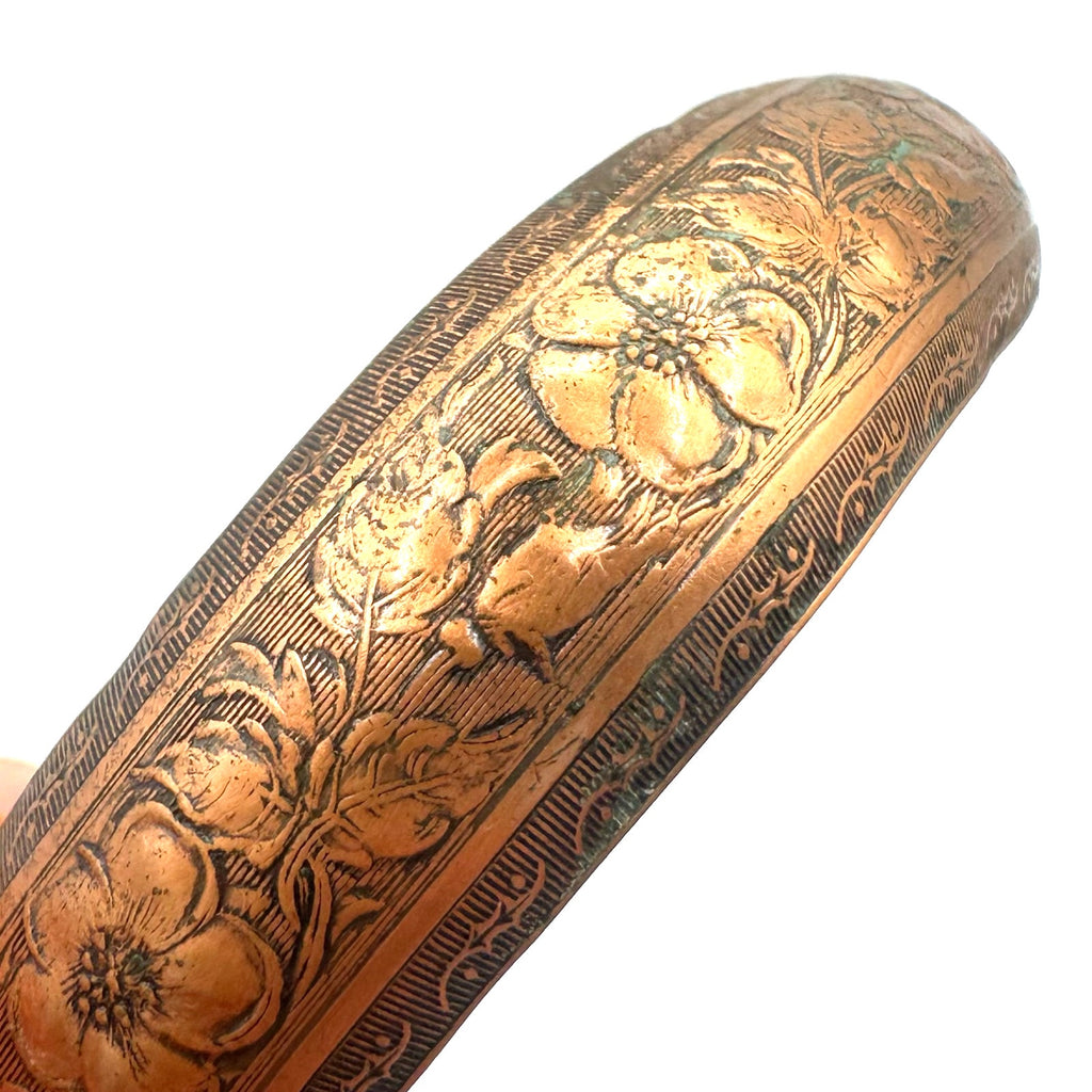 Vintage gold tone solid copper etched flowers floral adjustable cuff bracelet