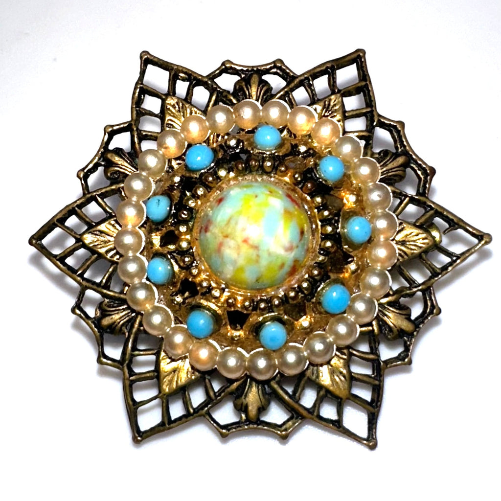 Vintage gold tone filigree faux pearl turquoise confetti lucite cabochon brooch