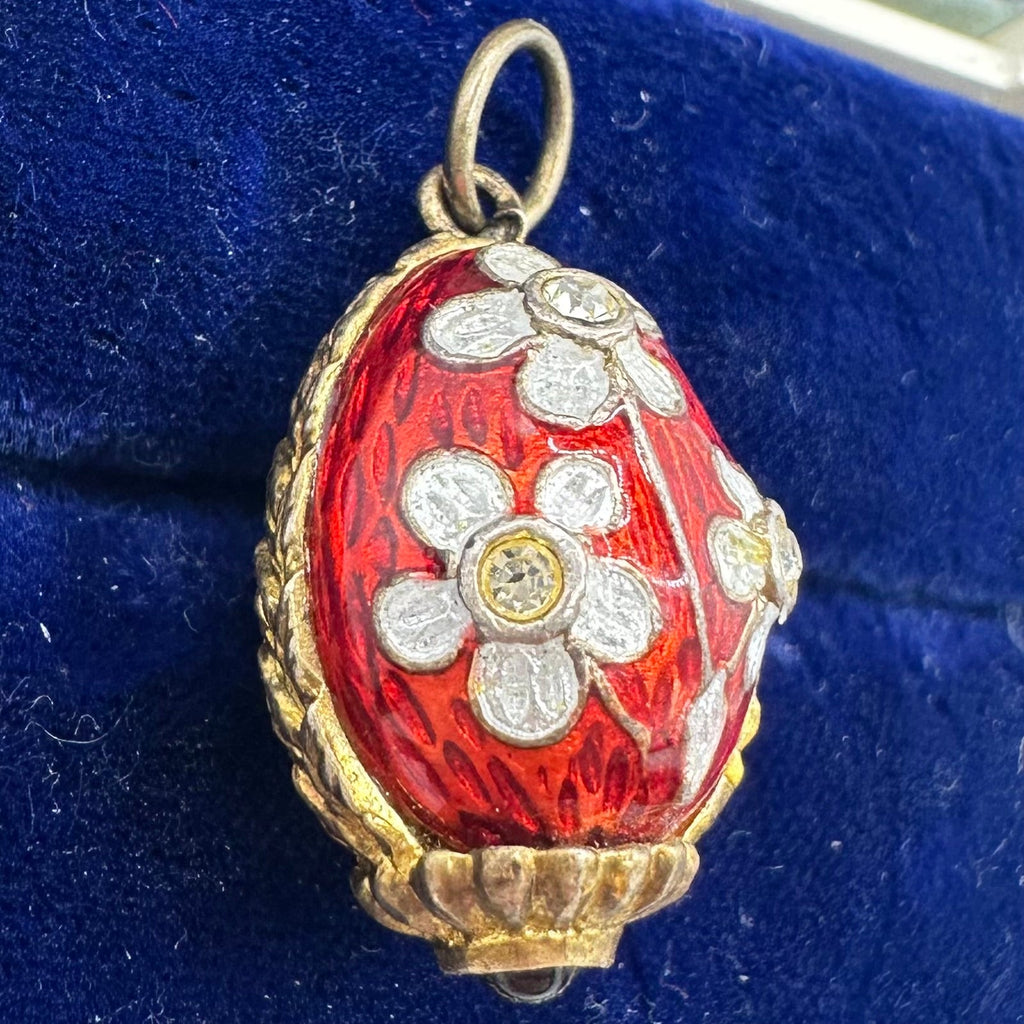 Vintage gilt sterling silver red floral garnet enamel rhinestones egg pendant