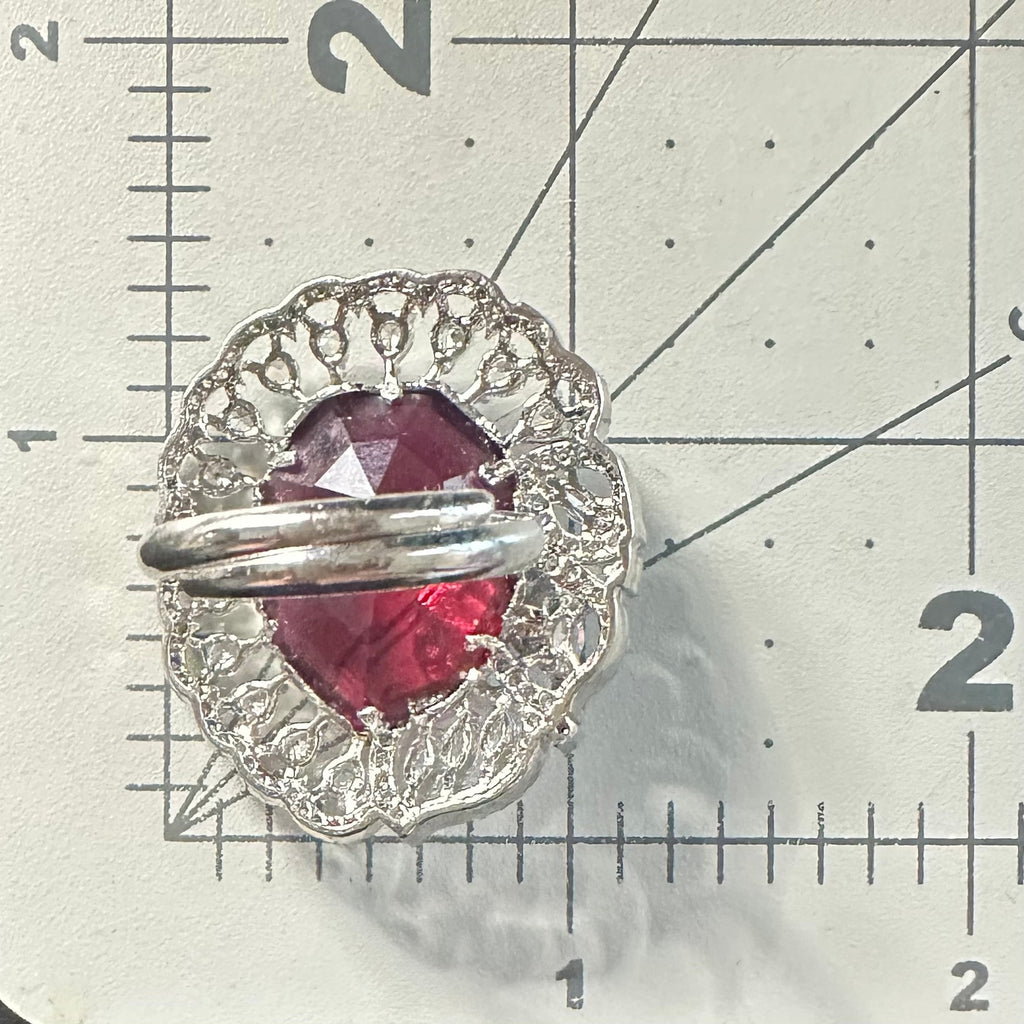 Silver tone red crimson clear cubic zirconia cluster adjustable statement ring