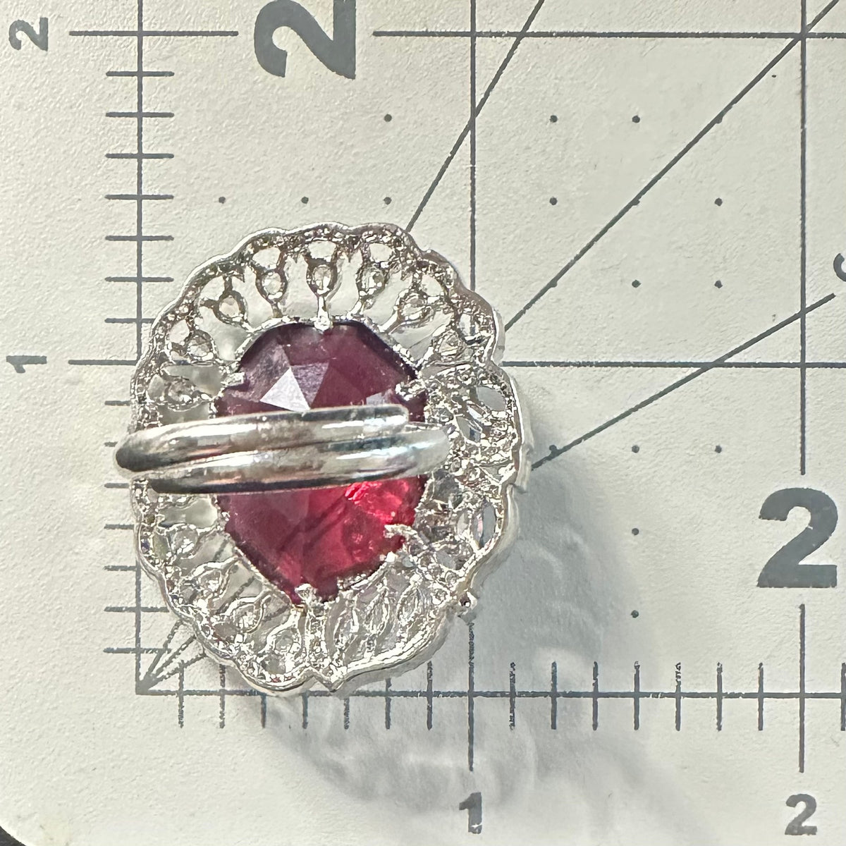 Silver tone red crimson clear cubic zirconia cluster adjustable statement ring