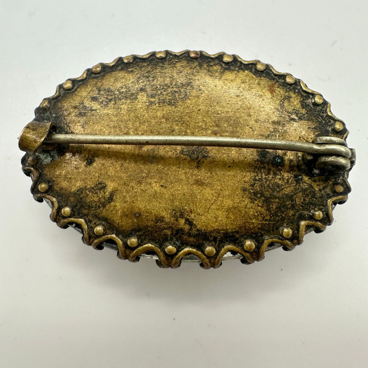 Antique Art Deco brass cut glass reverse foiled intaglio woman cameo brooch pin