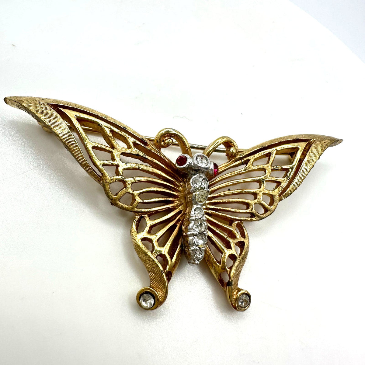 Marcel Boucher vintage gold tone clear red rhinestones butterfly brooch