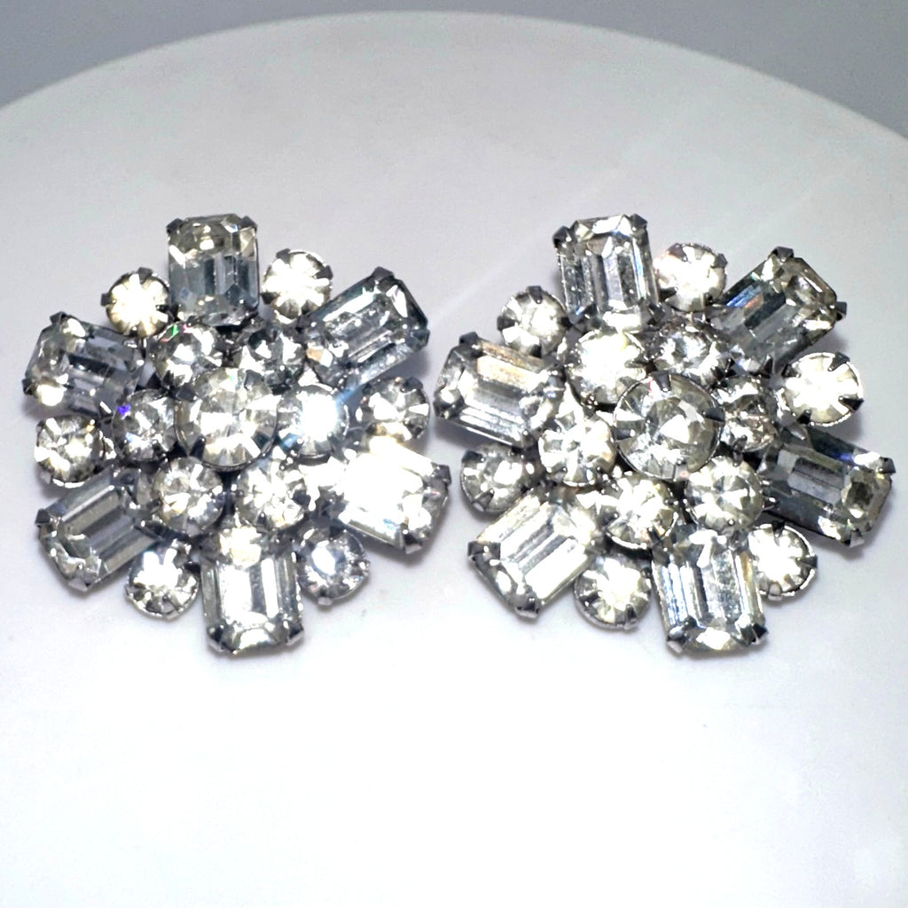 1950s vintage silver tone clear glass rhinestones cluster clip on earrings