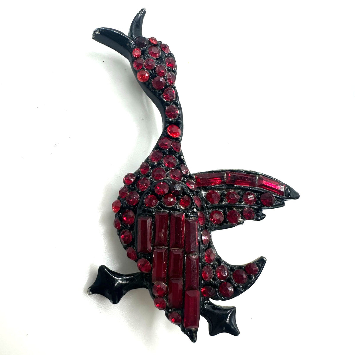 Vintage black gunmetal japanned red rhinestones duck bird figural brooch
