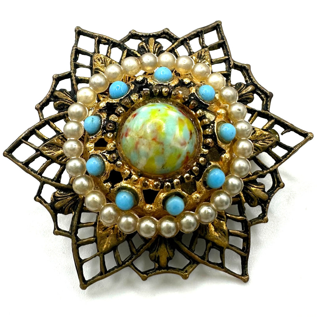 Vintage gold tone filigree faux pearl turquoise confetti lucite cabochon brooch