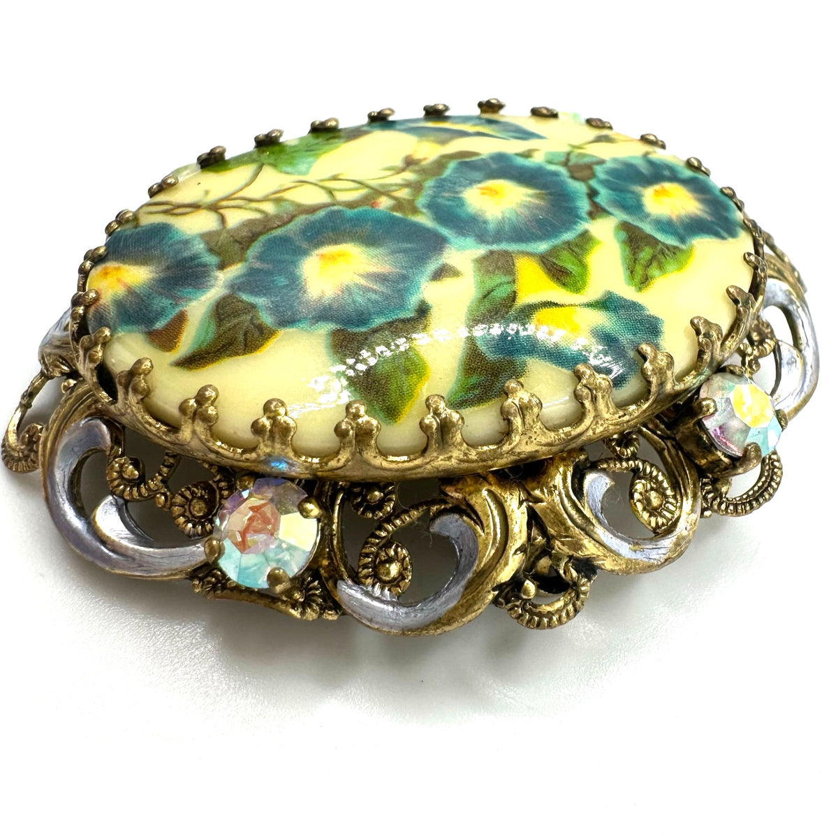 West Germany vintage gold tone floral portrait purple enamel rhinestones brooch