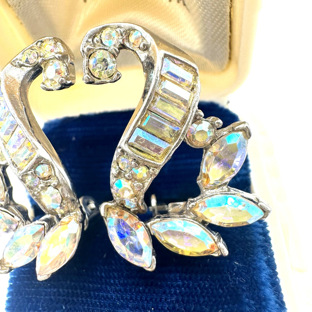 Vintage silver tone AB aurora borealis rhinestones scrolled clip on earrings